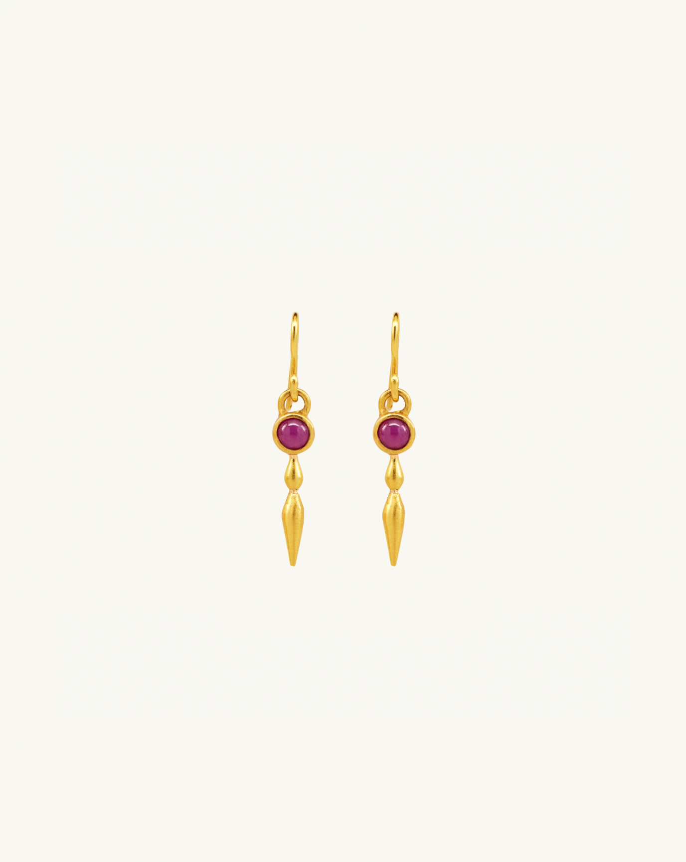 Product image of the gemstone drop earrings with two small circle ruby gemstones