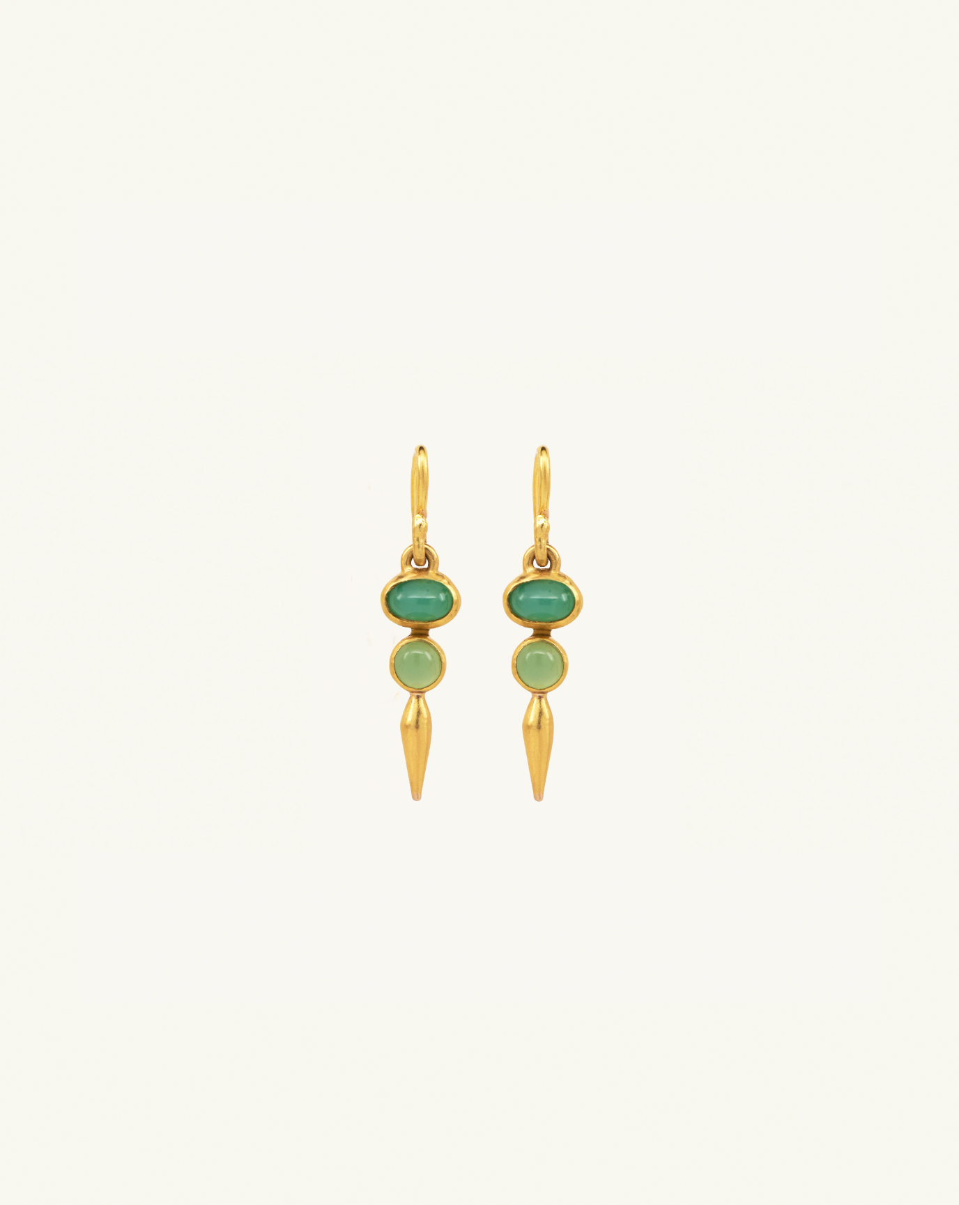 Product image of the gemstone drop earrings with two small oval emerald gemstones