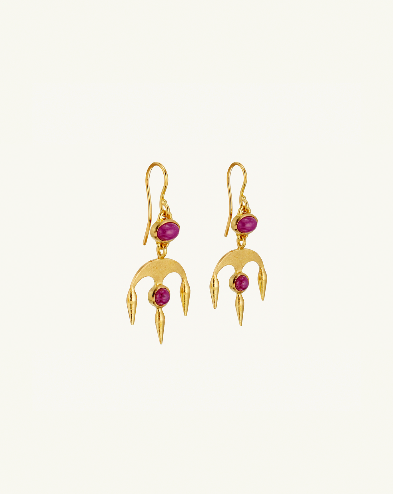 Side view product image of the chandelier style earrings with two ruby gemstones